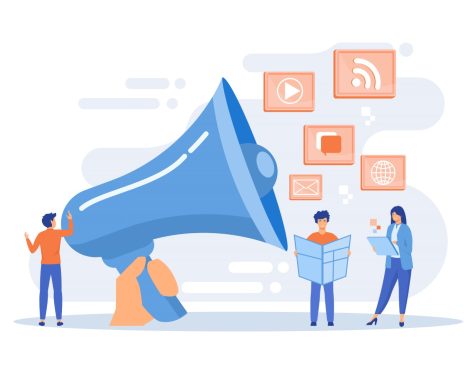 Tiny peple, marketing manager with megaphone and push advertising. Push advertising, traditional marketing strategy, interruption marketing concept.flat vector modern illustration